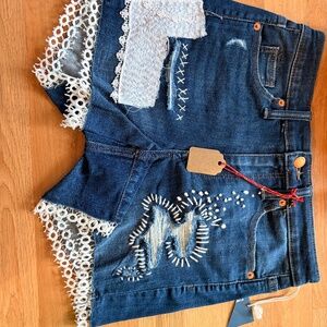 denim shorts new but upscale by artist, Jeanne Prom with stitching fabric lace a